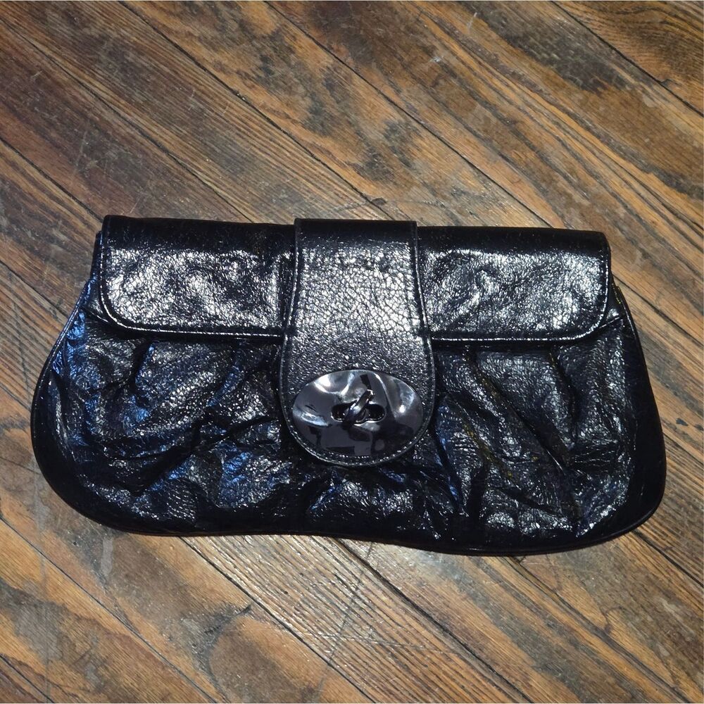 Avenue Black Patent Faux Leather Clutch – Oversized Button Closure – Evening Bag